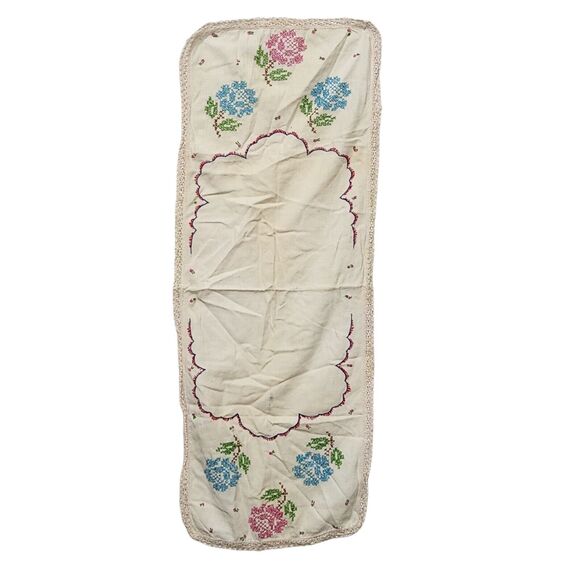 VTG TABLE RUNNER PINK BLUE ROSES FLORAL EMBROIDERED DRESSER SCARF ESTATE MCM - Picture 1 of 6